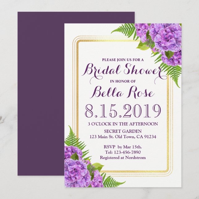 Purple Hydrangeas Faux Gold Bridal Shower Invite (Front/Back)