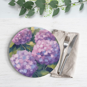 Purple Hydrangeas Floral Watercolor Painting Paper Plate