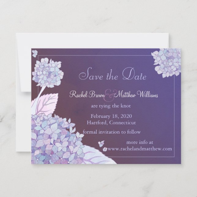 Purple Hydrangeas Floral Wedding Save the Date (Front)