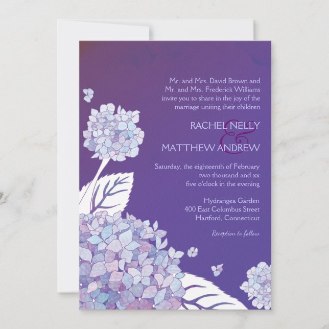 Purple Hydrangeas in Sunset Wedding Invitation (Front)