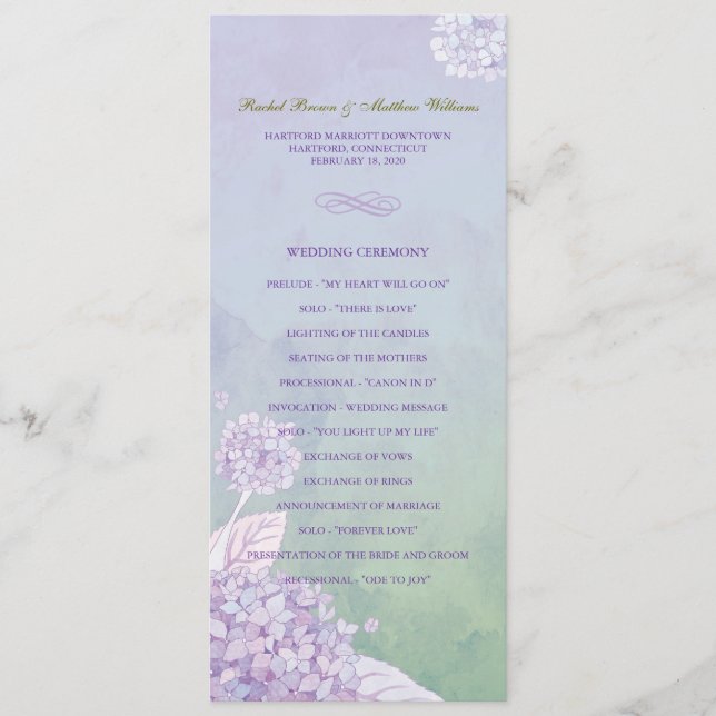 Purple Hydrangeas Long Vertical Wedding Program Programme (Front)