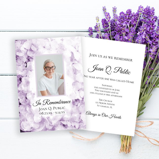 Purple Hydrangeas Watercolor Death Anniversary Invitation (Creator Uploaded)