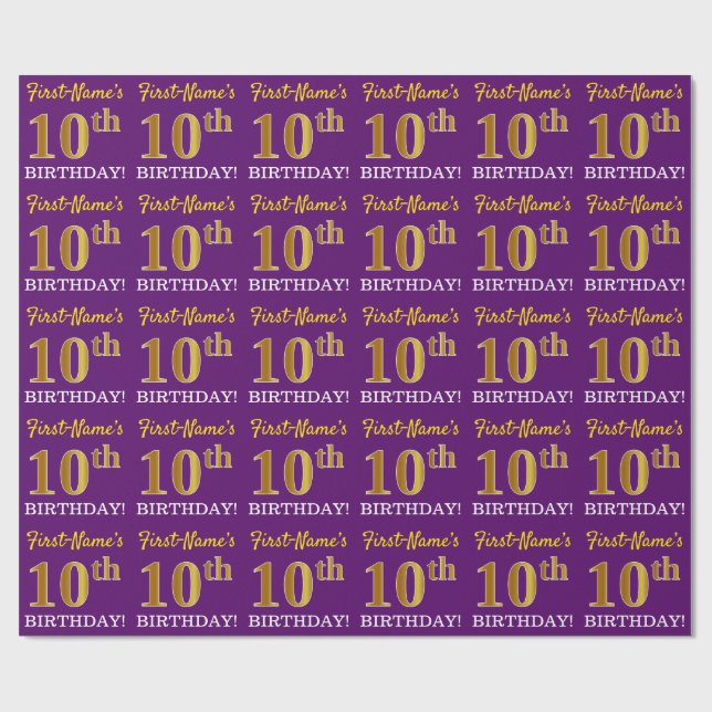 Purple, Imitation Gold Look "10th BIRTHDAY" Wrapping Paper (Flat)
