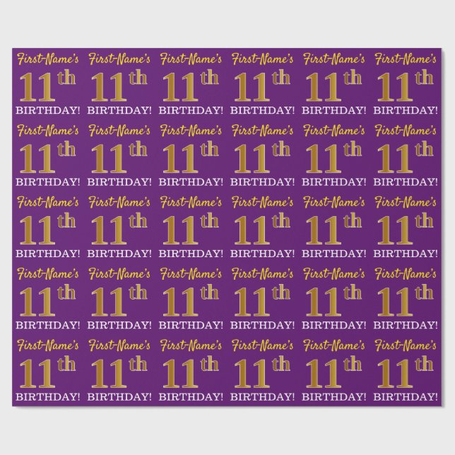 Purple, Imitation Gold Look "11th BIRTHDAY" Wrapping Paper (Flat)