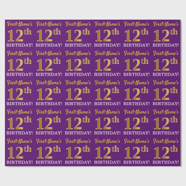 Purple, Imitation Gold Look "12th BIRTHDAY" Wrapping Paper (Flat)