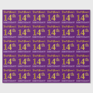 Purple, Imitation Gold Look "14th BIRTHDAY" Wrapping Paper