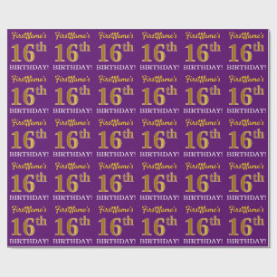Purple, Imitation Gold Look "16th BIRTHDAY" Wrapping Paper