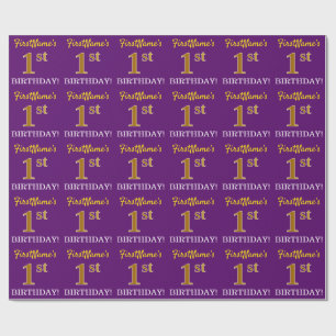 Purple, Imitation Gold Look "1st BIRTHDAY" Wrapping Paper