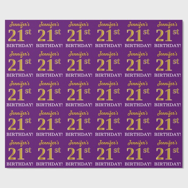 Purple, Imitation Gold Look "21st BIRTHDAY" Wrapping Paper (Flat)