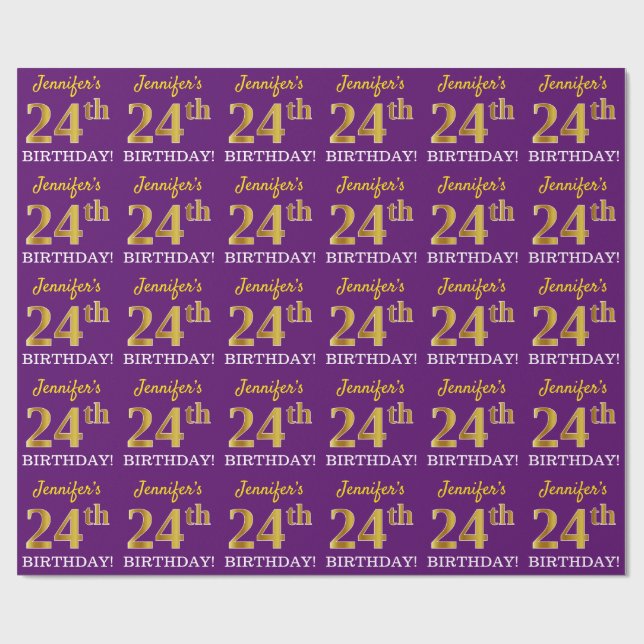 Purple, Imitation Gold Look "24th BIRTHDAY" Wrapping Paper (Flat)