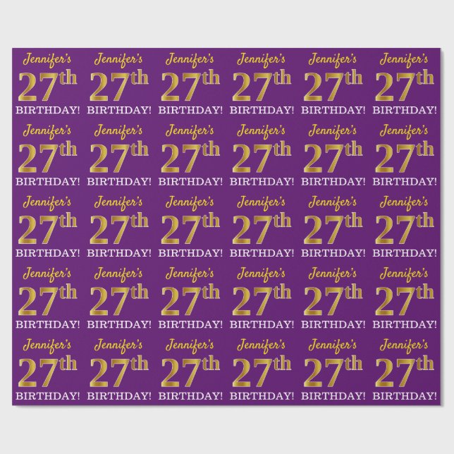 Purple, Imitation Gold Look "27th BIRTHDAY" Wrapping Paper (Flat)