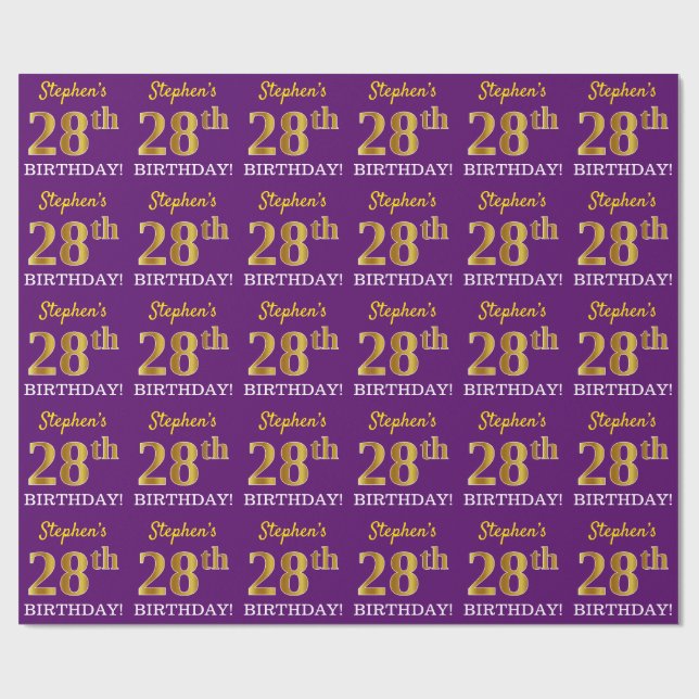 Purple, Imitation Gold Look "28th BIRTHDAY" Wrapping Paper (Flat)