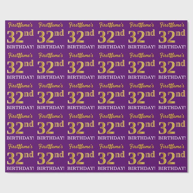 Purple, Imitation Gold Look "32nd BIRTHDAY" Wrapping Paper (Flat)