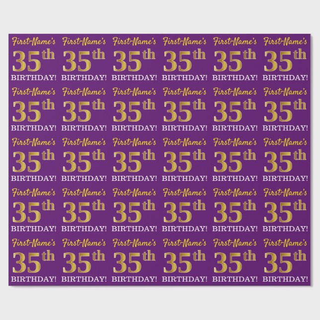 Purple, Imitation Gold Look "35th BIRTHDAY" Wrapping Paper (Flat)