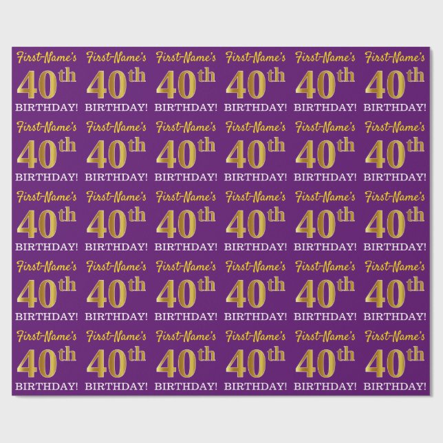 Purple, Imitation Gold Look "40th BIRTHDAY" Wrapping Paper (Flat)