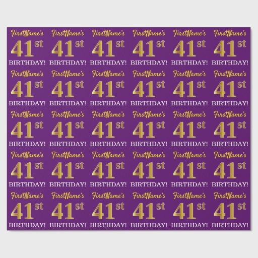 Image of Purple, Imitation Gold Look "41st BIRTHDAY" Wrapping Paper