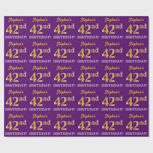 Image of Purple, Imitation Gold Look "42nd BIRTHDAY" Wrapping Paper