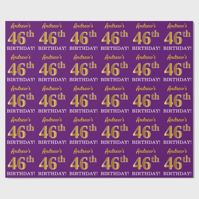 Purple, Imitation Gold Look "46th BIRTHDAY" Wrapping Paper (Flat)