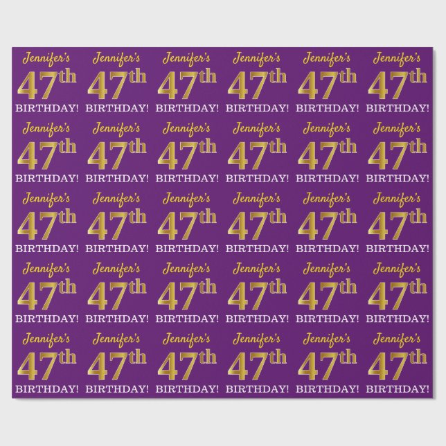 Purple, Imitation Gold Look "47th BIRTHDAY" Wrapping Paper (Flat)