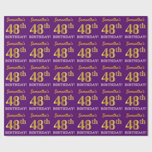 Purple, Imitation Gold Look "48th BIRTHDAY" Wrapping Paper (Flat)