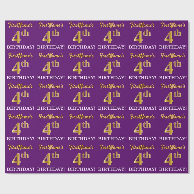 Purple, Imitation Gold Look "4th BIRTHDAY" Wrapping Paper (Flat)