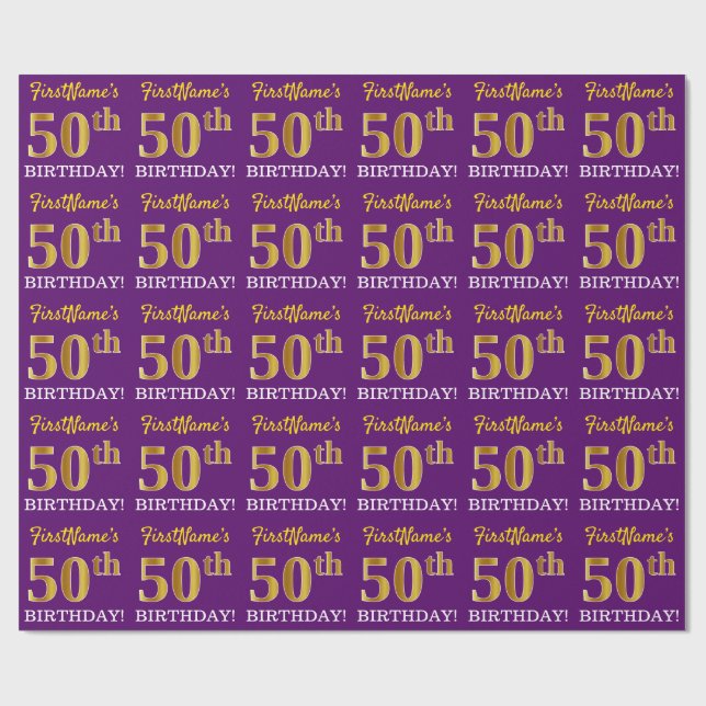 Purple, Imitation Gold Look "50th BIRTHDAY" Wrapping Paper (Flat)