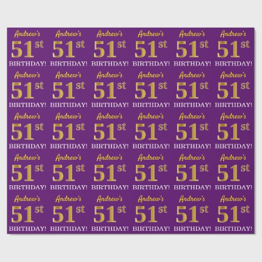 Image of Purple, Imitation Gold Look "51st BIRTHDAY" Wrapping Paper