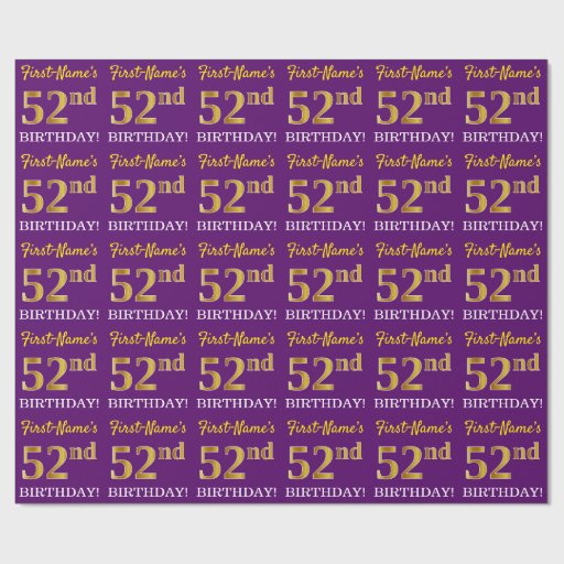 Image of Purple, Imitation Gold Look "52nd BIRTHDAY" Wrapping Paper