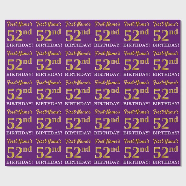 Purple, Imitation Gold Look "52nd BIRTHDAY" Wrapping Paper (Flat)
