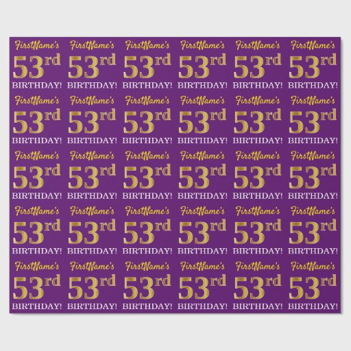 Image of Purple, Imitation Gold Look "53rd BIRTHDAY" Wrapping Paper