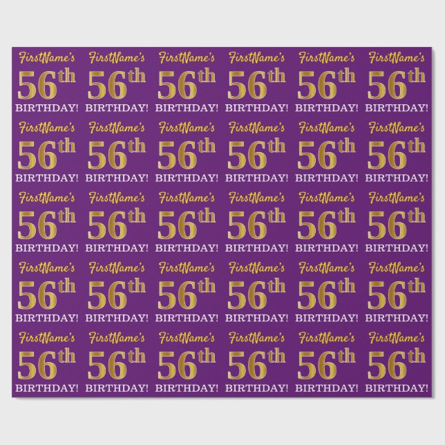 Purple, Imitation Gold Look "56th BIRTHDAY" Wrapping Paper (Flat)