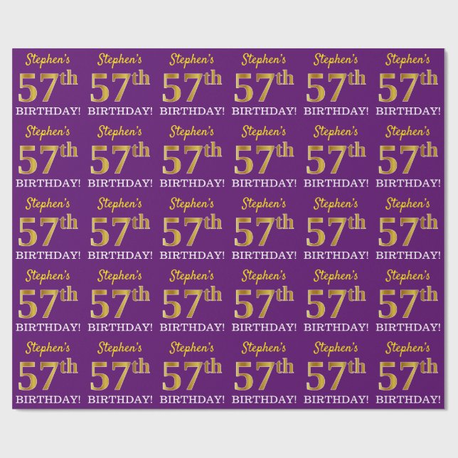 Purple, Imitation Gold Look "57th BIRTHDAY" Wrapping Paper (Flat)