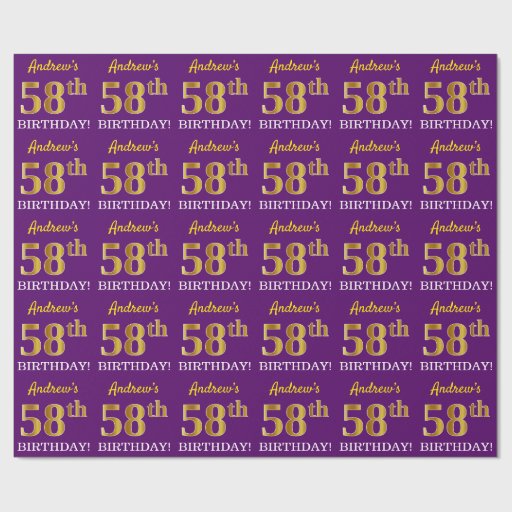 Image of Purple, Imitation Gold Look "58th BIRTHDAY" Wrapping Paper
