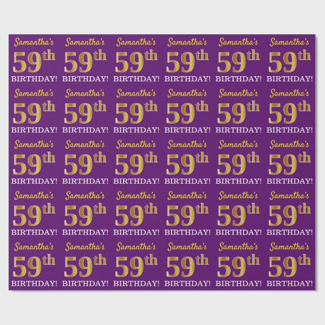 Purple, Imitation Gold Look "59th BIRTHDAY" Wrapping Paper (Flat)