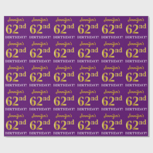 Purple, Imitation Gold Look "62nd BIRTHDAY" Wrapping Paper