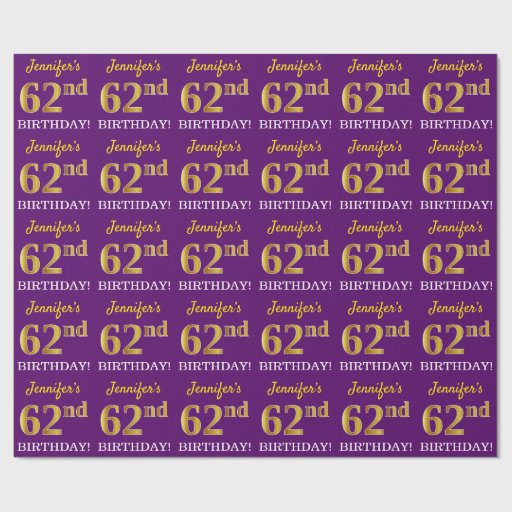 Image of Purple, Imitation Gold Look "62nd BIRTHDAY" Wrapping Paper