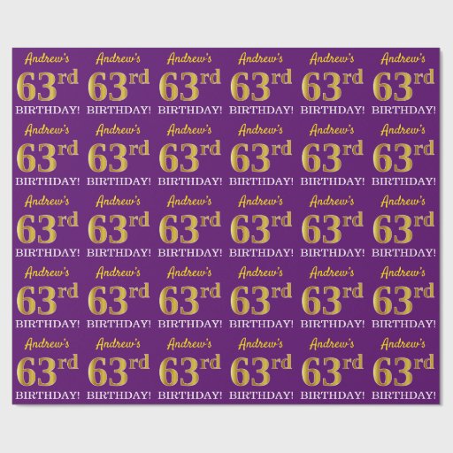 Image of Purple, Imitation Gold Look "63rd BIRTHDAY" Wrapping Paper