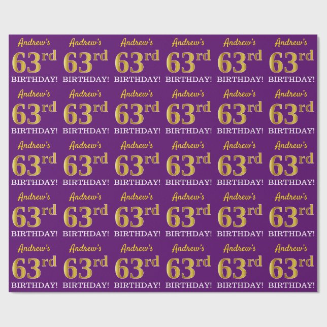 Purple, Imitation Gold Look "63rd BIRTHDAY" Wrapping Paper (Flat)