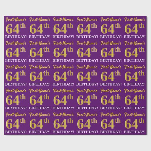 Image of Purple, Imitation Gold Look "64th BIRTHDAY" Wrapping Paper
