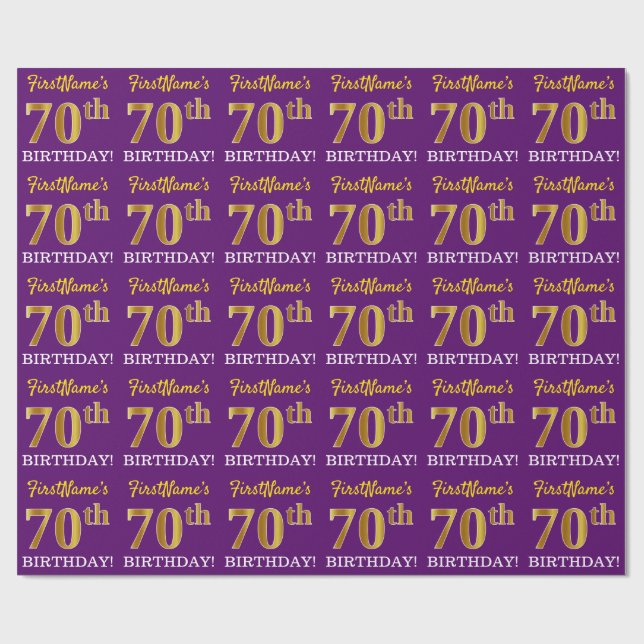 Purple, Imitation Gold Look "70th BIRTHDAY" Wrapping Paper (Flat)