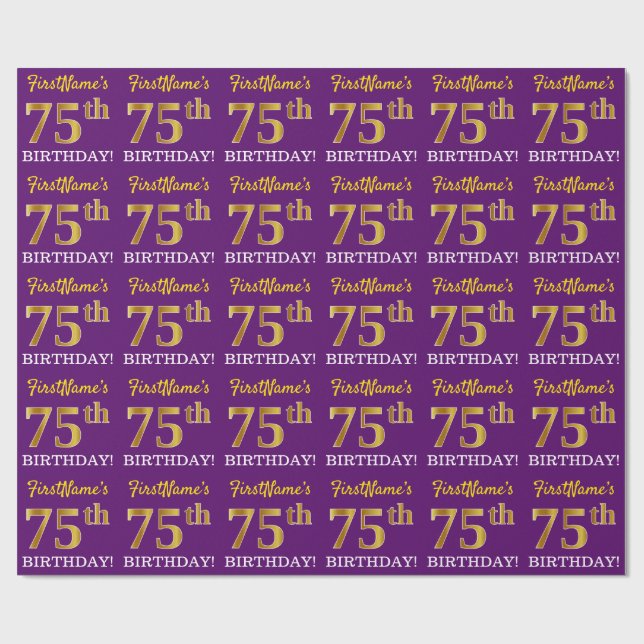 Purple, Imitation Gold Look "75th BIRTHDAY" Wrapping Paper (Flat)