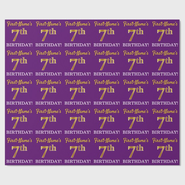 Purple, Imitation Gold Look "7th BIRTHDAY" Wrapping Paper (Flat)