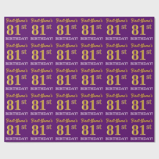 Purple, Imitation Gold Look "81st BIRTHDAY" Wrapping Paper (Flat)