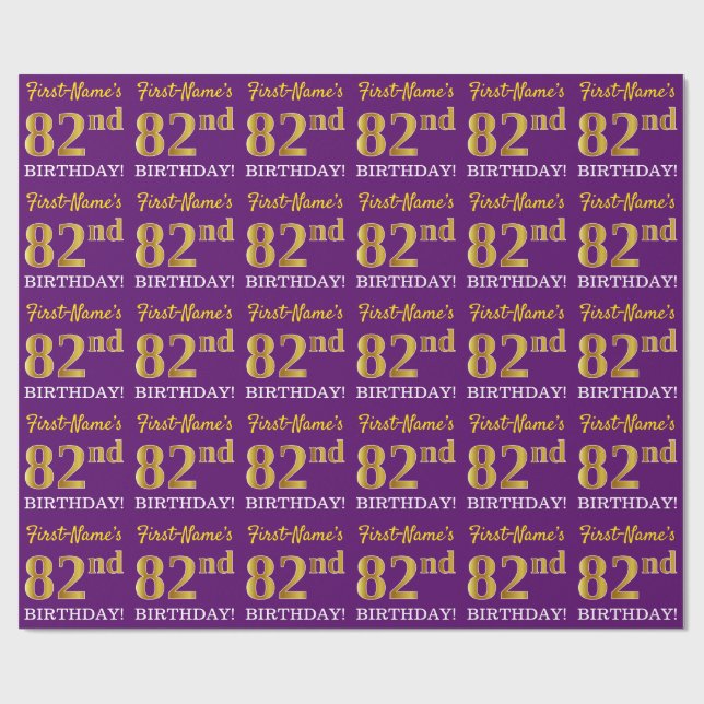 Purple, Imitation Gold Look "82nd BIRTHDAY" Wrapping Paper (Flat)