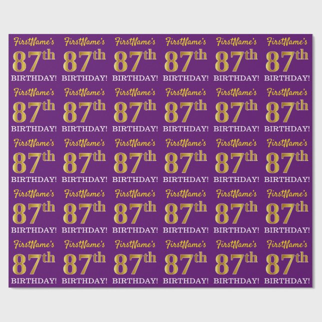Purple, Imitation Gold Look "87th BIRTHDAY" Wrapping Paper (Flat)