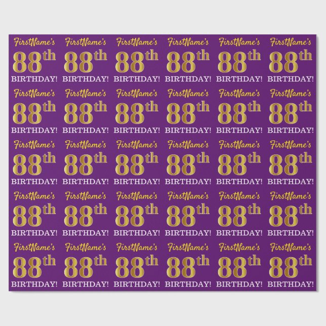 Purple, Imitation Gold Look "88th BIRTHDAY" Wrapping Paper (Flat)