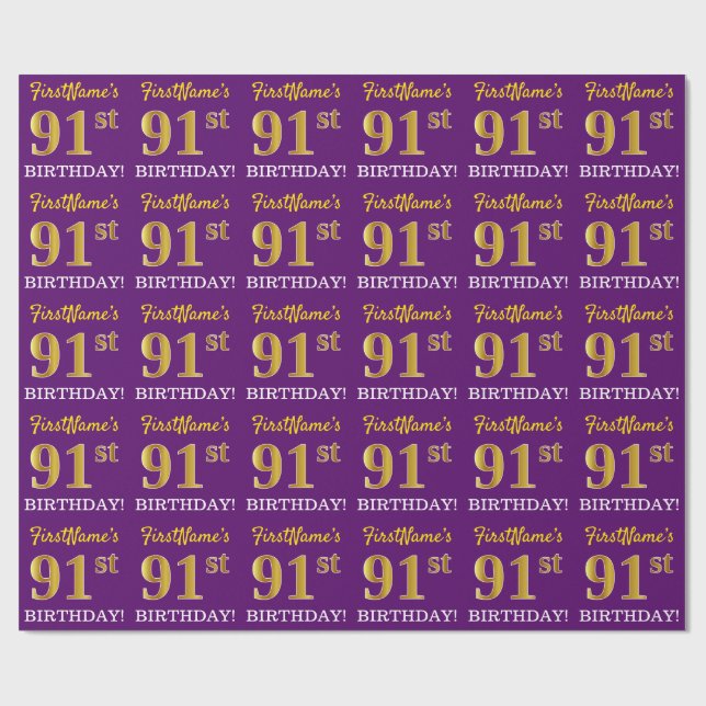 Purple, Imitation Gold Look "91st BIRTHDAY" Wrapping Paper (Flat)
