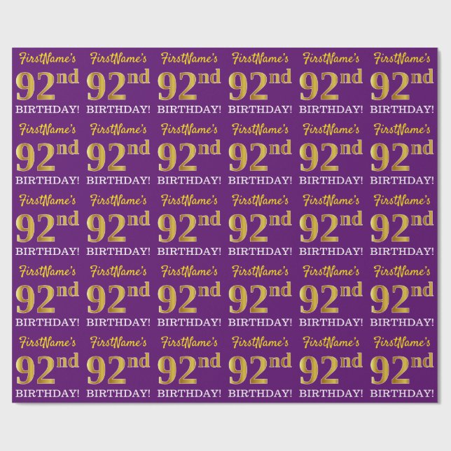 Purple, Imitation Gold Look "92nd BIRTHDAY" Wrapping Paper (Flat)