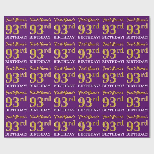 Purple, Imitation Gold Look "93rd BIRTHDAY" Wrapping Paper (Flat)