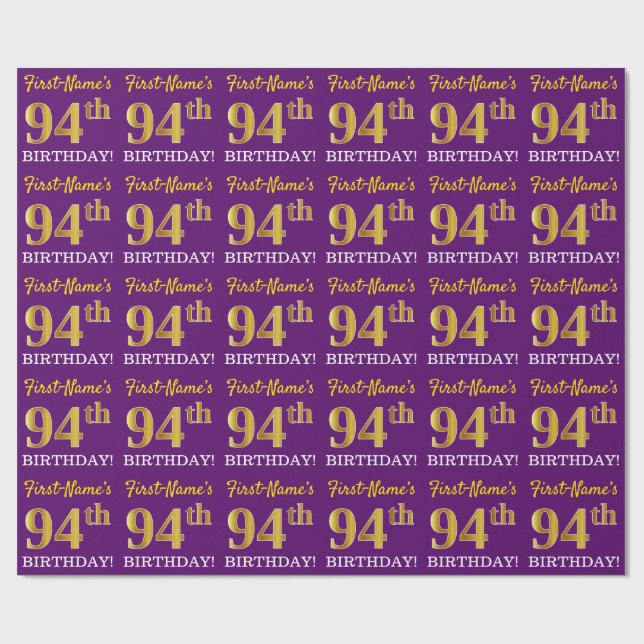 Purple, Imitation Gold Look "94th BIRTHDAY" Wrapping Paper (Flat)
